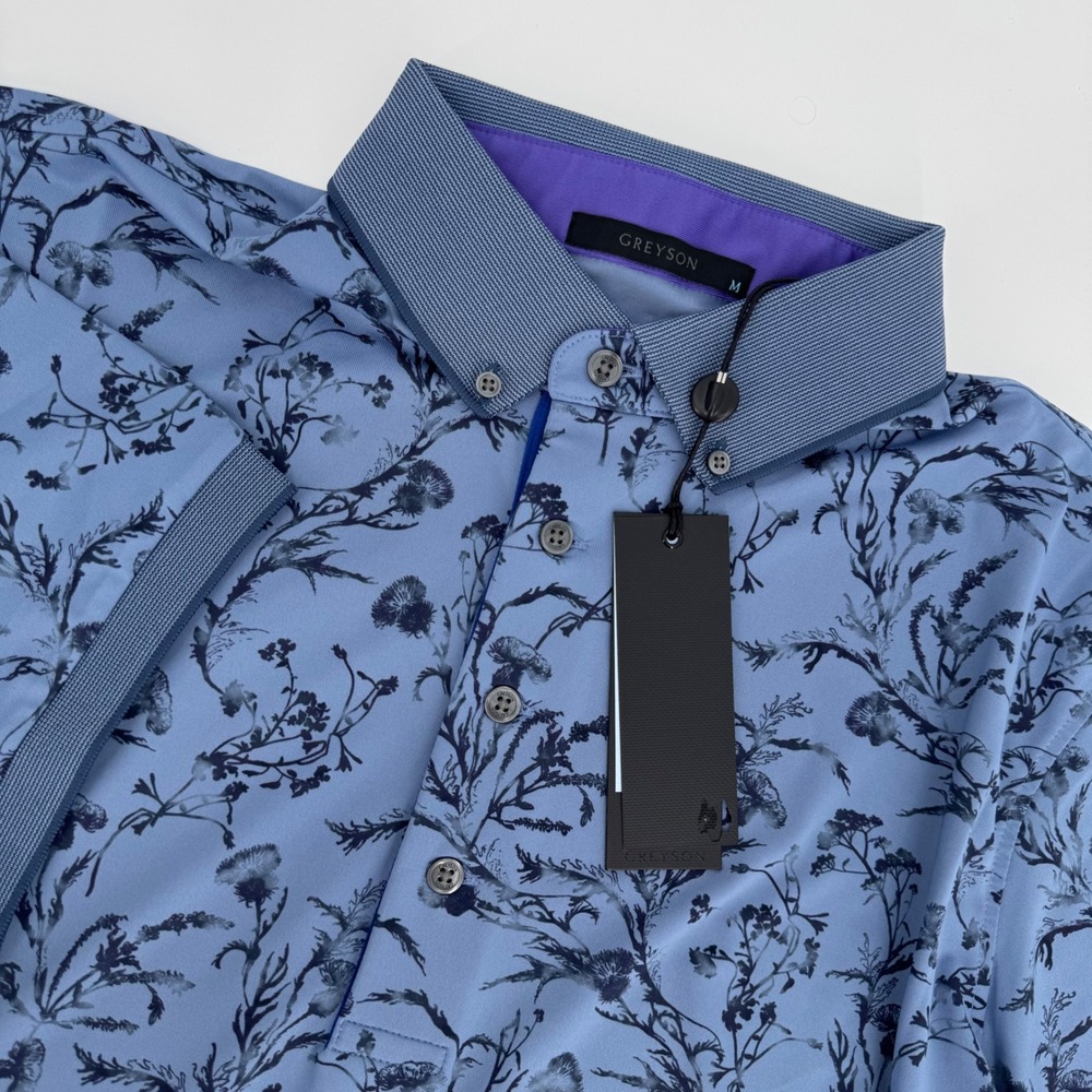 Greyson Water Thistle Polo Shirt Mens Medium‎ Blue Floral Print Golf